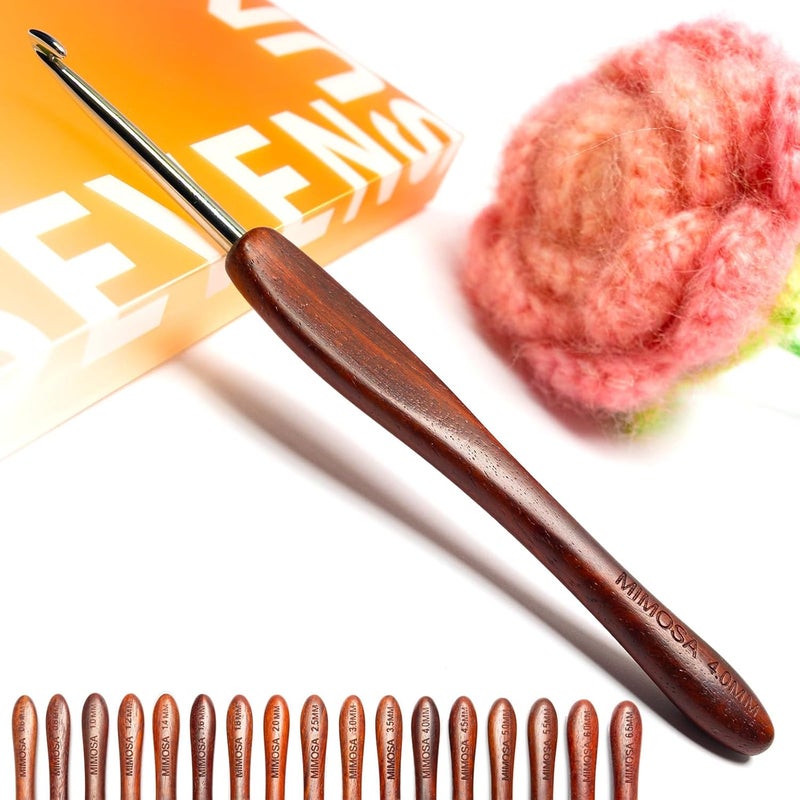 sevensun Mimosa 4mm Single Crochet Hook, Available in 0.6mm-6.5mm, Ergonomic Hand Polished Stainless Steel Inline Pointy Wood Handle Crochet Hook for Arthritic Hands, Mother's Day Gifts for Mom - Image 1